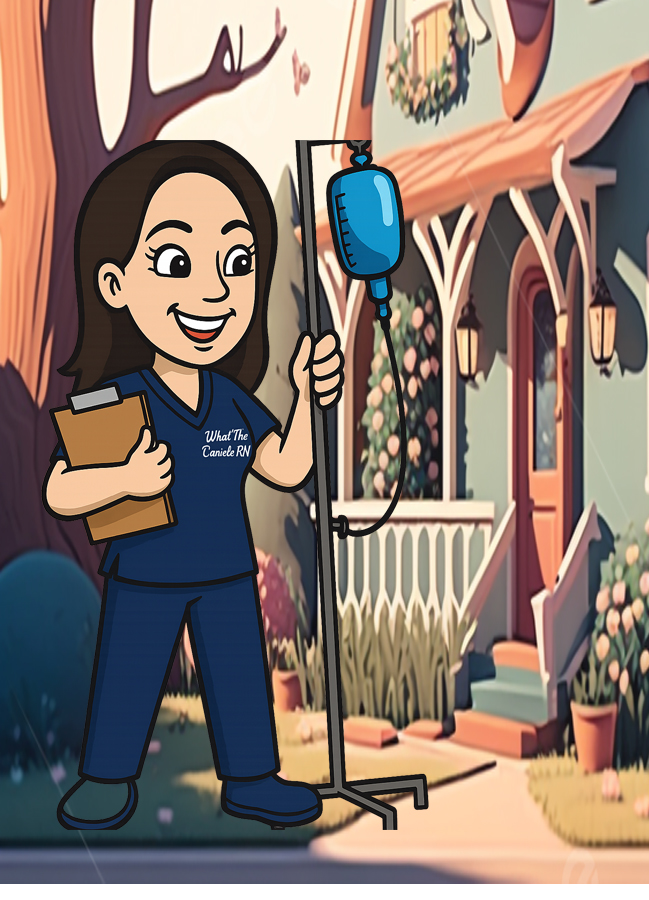 Cartoon nurse with IV drip in country setting